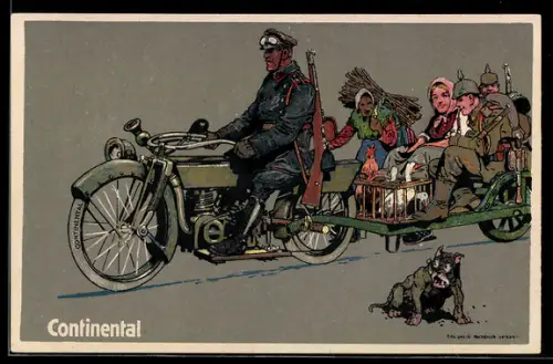 Künstler-AK Hannover, Continental Caoutchouc- und Gutta-Percha-Co., Soldaten u. Frau auf Motorradanhänger, Reklame