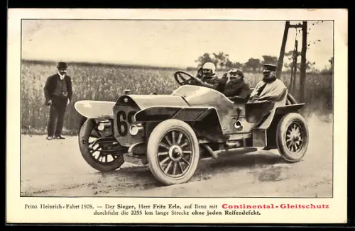 AK Prinz-Heinrich-Fahrt 1908, Sieger Fritz Erle auf Benz mit Continental-Gleitschutz, Autorennen