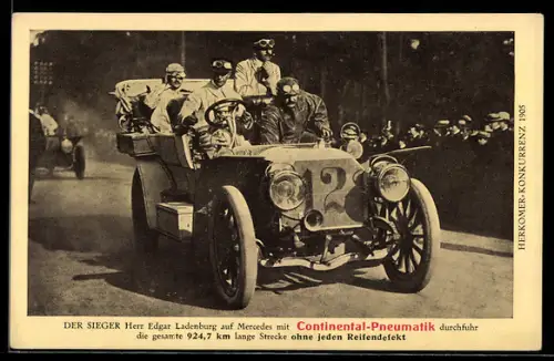 AK Reklame Continental-Pneumatik, Herkomer-Konkurrenz 1905, E. Ladenburg auf Auto Mercedes, Autorennen