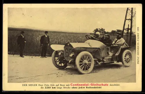 AK Reklame Continental-Gleitschutz, Prinz Heinrich-Fahrt 1908, F. Erle auf Auto Benz, Autorennen