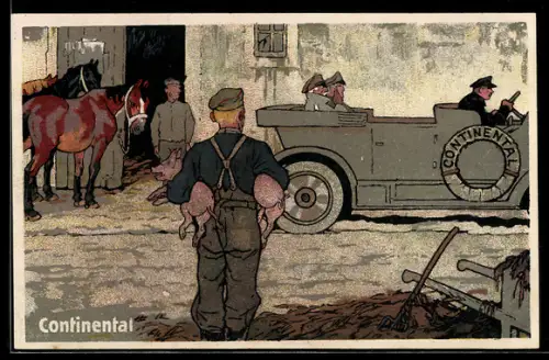 Künstler-AK Hannover, Reklame für Continental, Soldaten im Auto, Bauer mit Ferkeln