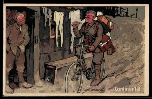 AK Post-Ordonnanz bringt Briefe und Pakete mit dem Fahrrad, Reklame für Continental