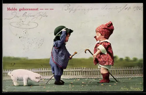 Künstler-AK Kleines Paar mit Glücksschwein