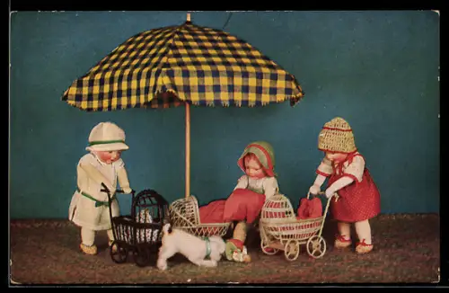 AK Nachgestellte Alltagsszenen mit Käthe Kruse-Puppen, Puppenmuttis unterm Sonnenschirm