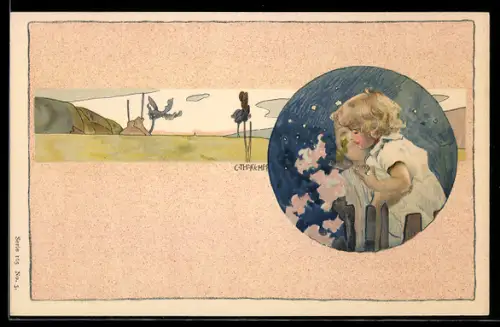Künstler-Lithographie Gottlieb Theodor Kempf-Hartenkampf: kleines Kind, Jugendstil