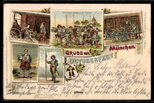 Lithographie München, Oktoberfest, Winzerer Landsknechtgruppe, Hauptmann Hans Spreissl, Münchner Kindl