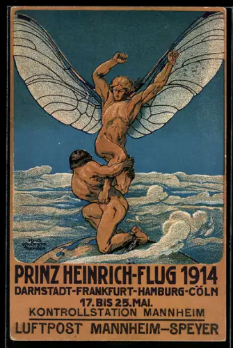 Künstler-AK Darmstadt, Prinz Heinrich-Flug über Frankfurt, Hamburg u. Cöln 1914, Geflügelter Mensch