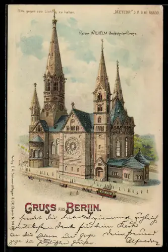 Lithographie Berlin, Kaiser Wilhelm-Gedächtnis-Kirche mit Strassenbahn, Mondschein, Halt gegen das Licht