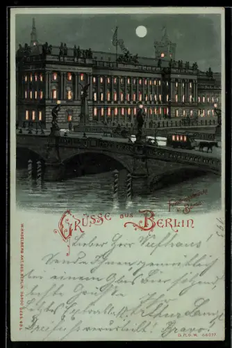 Mondschein-Lithographie Berlin, Burgstrasse, Friedrichsbrücke und Börse mit Pferdebahn, Halt gegen das Licht