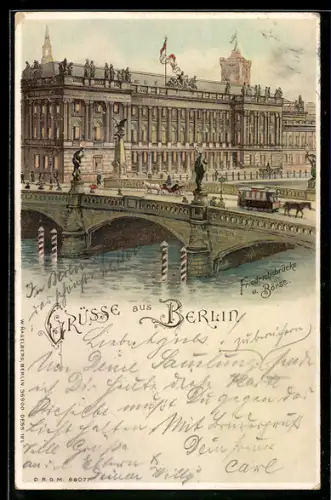 Lithographie Berlin, Friedrichsbrücke und Börse, Pferdebahn, Halt gegen das Licht