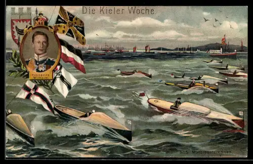AK Kiel, Medaillon mit dem Bildnis des Kronprinzen Wilhelm von Preussen und Motorbootrennen, Kieler Woche, Wassersport