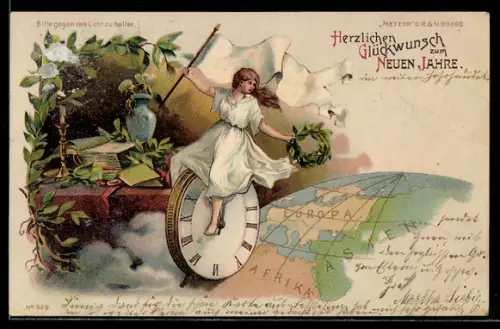 AK Prosit Neujahr, Dame fährt auf Uhr über den Globus, Halt gegen das Licht
