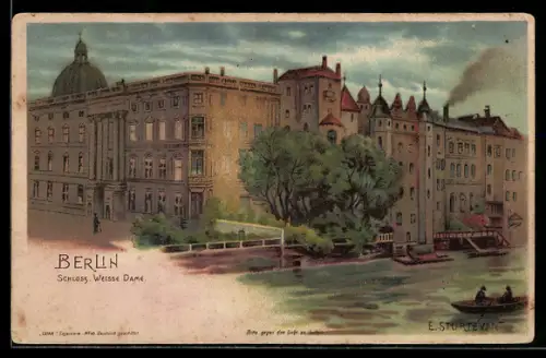 Lithographie Berlin, das Schloss, Weisse Dame, Halt gegen das Licht