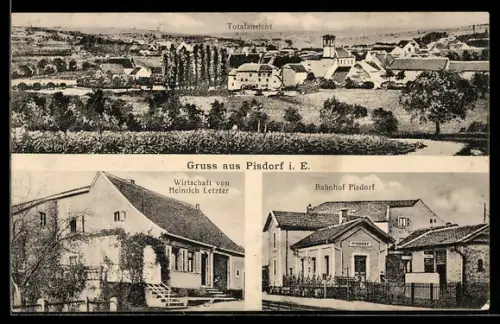 AK Pisdorf i. E., Gasthaus von Heinrich Letzter, Bahnhof Pisdorf, Totalansicht des Ortes