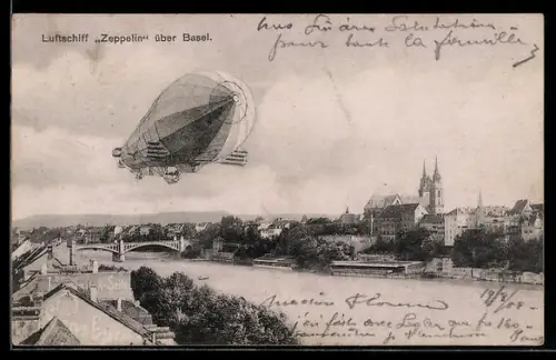 AK Basel, Luftschiff Zeppelin über der Stadt, Pins 84.35
