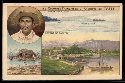 Lithographie Taiti, La Port de Papeete, une Case de Pécheurs, Portrait eines Fischers