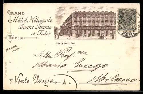 AK Turin, Grand Hotel Metropole, Bonne Femme et Feder, Berra Propr.