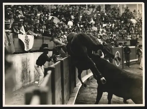 Fotografie Juan Hehle, Santa Cruz, Ansicht Santa Cruz, Torer, Stierkämpfer wird vom Bullen ins Publikum geschleudert
