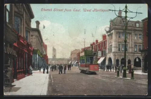 AK West Hartlepool, Church Street from East, Strassenbahn