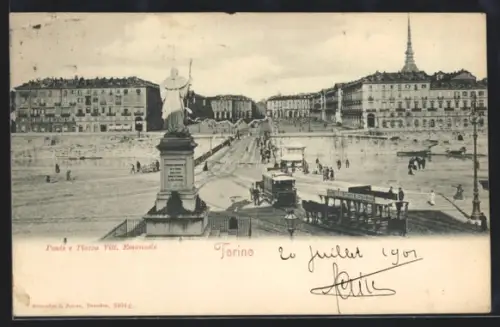AK Torino, Ponte e Piazza Vitt. Emanuele, Pferdebahn