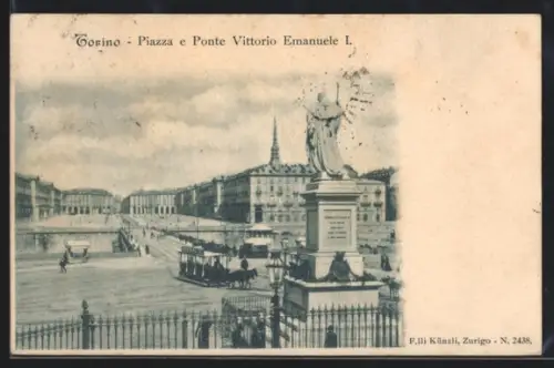 AK Torino, Piazza e Ponte Vittoria Emanuele I., Pferdebahn