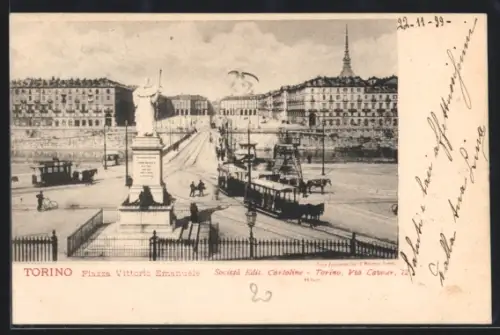 AK Torino, Piazza e Ponte Vittorio Emanuele I., Pferdebahnen