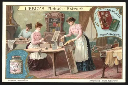 6 Sammelbilder Liebig, Serie Nr. 935: Frauen bei diversen Handarbeiten, Spitzenklöppeln, Stickerei und Porzellanmalerei