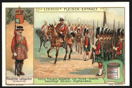 6 Sammelbilder Liebig, Serie Nr. 933: Europäische Garden, Deutsch, Russisch, Italienisch, Ungarisch