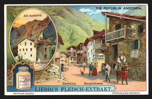 6 Sammelbilder Liebig, Serie Nr. 1059: Die Republik Andorra, Hochtal von Fuente Negro, San Julia de Loria, Kirchplatz
