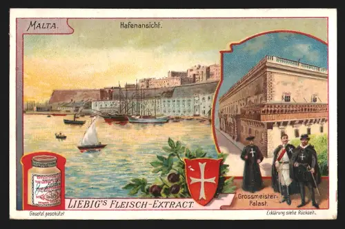 6 Sammelbilder Liebig, Serie Nr. 899: Malta, Bastion Baracca, Kastell St. Michael, La Valetta, Theater
