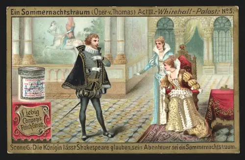 6 Sammelbilder Liebig, Serie Nr. 389: Oper Sommernachtstraum, Schenke zum Meerweib, Whitehall Palast, Park von Richmond