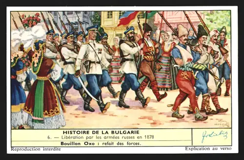 6 Sammelbilder Liebig, Serie Nr. 1743: Histoire de la Bulgarie, Devant l`invasion turque, Partisans bulgares, Ivan Ascèn