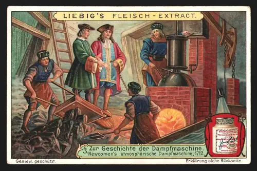 6 Sammelbilder Liebig, Serie Nr. 936: Geschichte der Dampfmaschine, Abfahrt erste Eisenbahn 1825, Fultons Dampffähre
