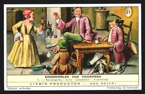 6 Sammelbilder Liebig, Serie Nr. 344: Kinderspelen van Voorheen, Pluimbal, Morra, Tol, Springtouw