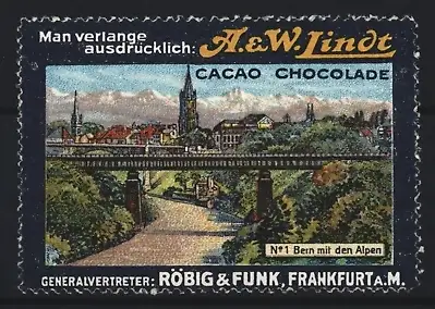 Reklamemarke Frankfurt a. M., Röbig & Funk, Lindt Cacao-Chocolade, Ortsansicht mit Alpen