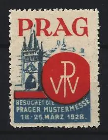 Reklamemarke Prag, Prager Mustermesse 1928, Brückenturm und Emblem