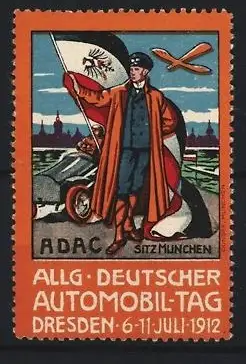 Reklamemarke Dresden, Allg. Deutscher Automobil-Tag 1912, Adler und Fahrer vor Auto