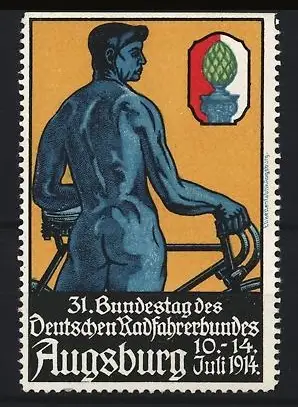 Reklamemarke Augsburg, Bundestag des Deutschen Radfahrerbundes 1914, Nackter Radfahrer mit Fahrrad