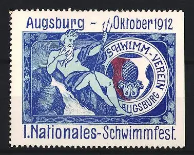 Reklamemarke Augsburg, I. Nationales Schwimmfest 1912, Poseidon mit Dreizack