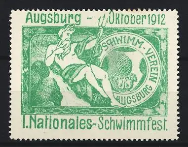Reklamemarke Augsburg, I. Nationales Schwimmfest 1912, Neptun mit Dreizack, grün