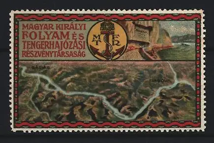 Reklamemarke Ungarn, Folyam és Tengerhajózási Részvénytársaság, Anker und Flusslandschaft