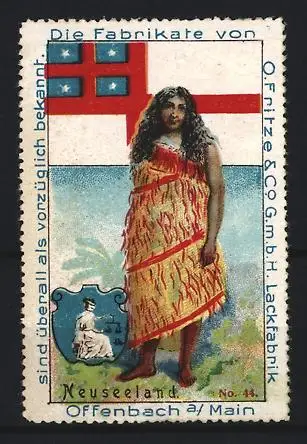 Reklamemarke Offenbach am Main, O. Fritze & Co., Lackfabrik, Neuseeländische Frau und Wappen