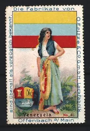Reklamemarke Offenbach am Main, O. Fritze & Co., Lackfabrik, Frau mit venezolanischer Flagge und Wappen
