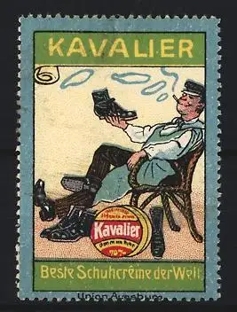 Reklamemarke Augsburg, Union Augsburg, Kavalier Schuhcreme, rauchender Mann mit Schuhen