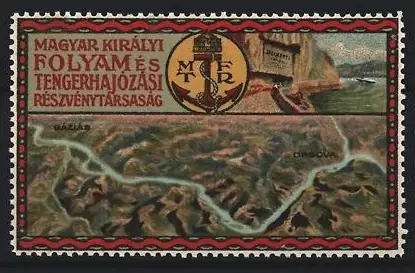 Reklamemarke Ungarn, Folyam és Tengerhajózási Részvénytársaság, Anker und Flusskarte