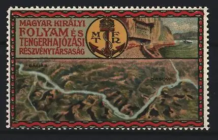 Reklamemarke Ungarn, Magyar Királyi Folyam és Tengerhajózási Rt., Landkarte mit Fluss