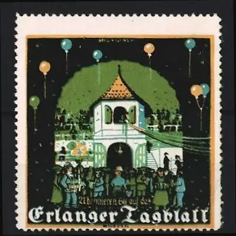 Reklamemarke Erlangen, Erlanger Tagblatt, Festliches Gebäude mit Luftballons