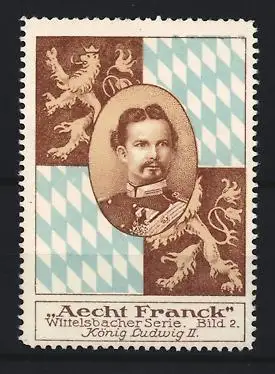 Reklamemarke Aecht Franck, Kaffee, Wittelsbacher Serie, König Ludwig II., Löwe und Rautenmuster