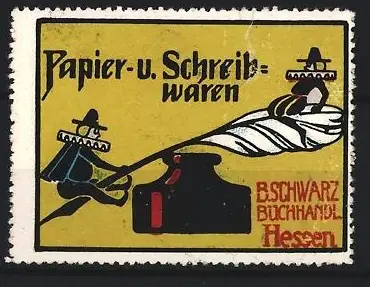 Reklamemarke Hessen, B. Schwarz, Buchhandlung und Papier- u. Schreibwaren, Tintenfass und Federkiel