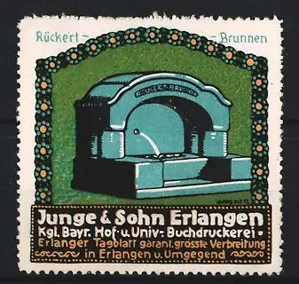 Reklamemarke Erlangen, Erlanger Tagblatt, Buchdruckerei Junge & Sohn, Rückert-Brunnen